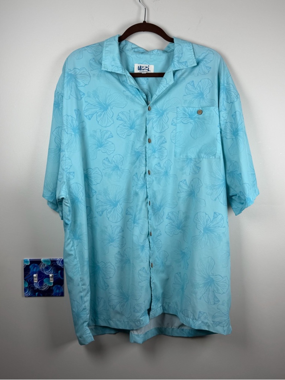 UZZI HAWAIIAN SHIRT SHORT SLEEVE Button Down Blue Hibiscus Floral Camp Size XXL